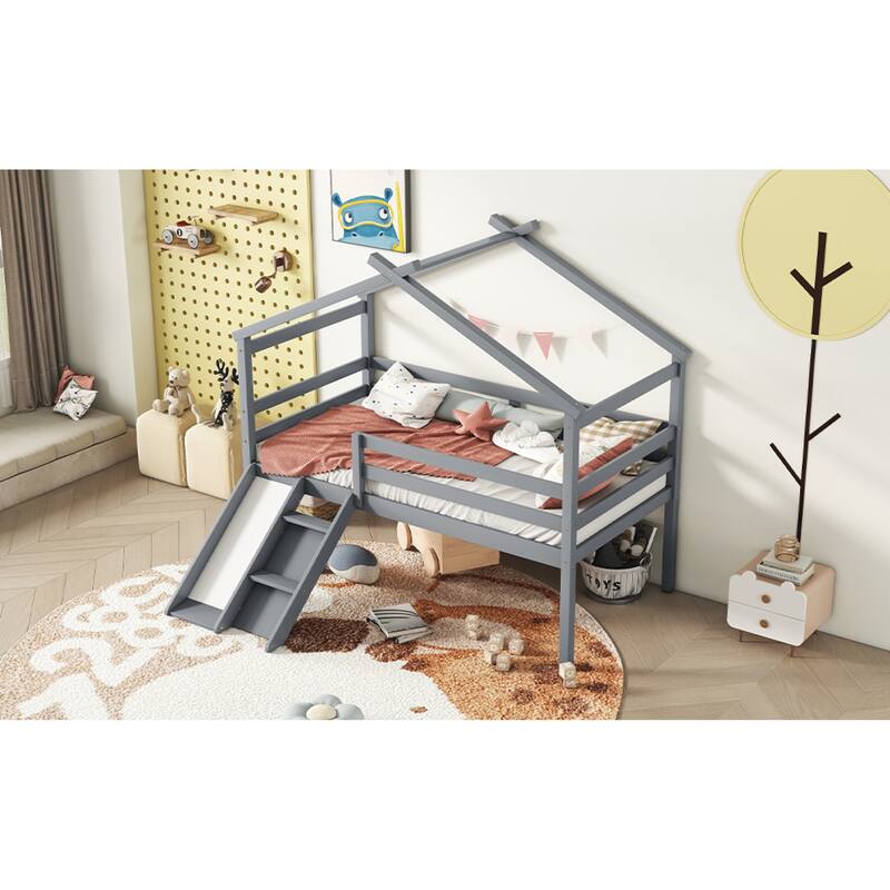 Roomfitters Twin Low Loft House Bed with Slide and Ladder, Safety Guardrails, House Roof Frame, No Box Spring Needed