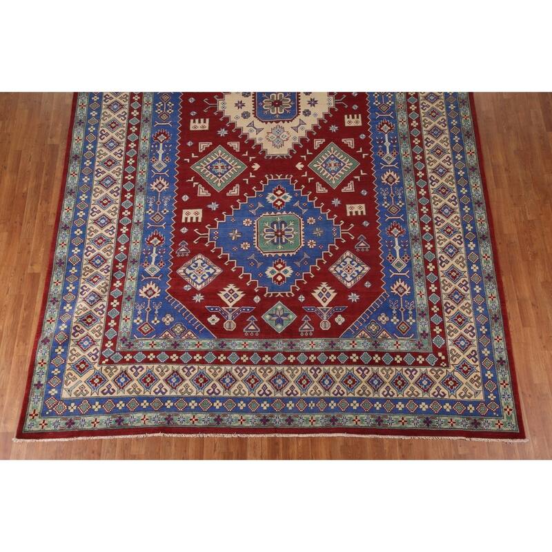 Large Red Geometric Kazak Oriental Area Rug Handmade Wool Carpet - 9'8" x 15'6"