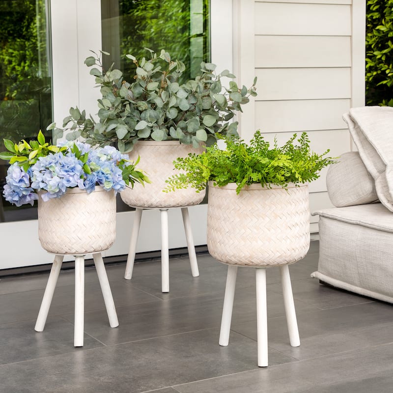 Sagebrook Home Neutral Boho Wicker Planter Stand Set, Versatile Indoor Garden Decor