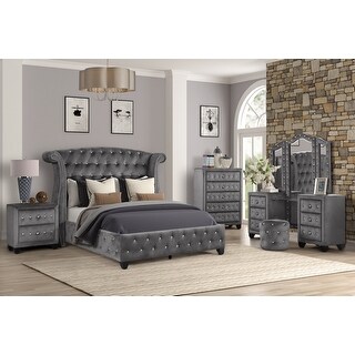 Sophia Full 4-Piece Bedroom Set in Grey, Bed, Nightstand, Vanity and Mirror
