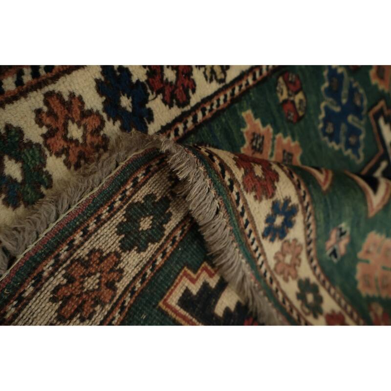 Hand Knotted Oriental 100% Wool Carpet Traditional Geometric Green Super Kazak Runner Rug - 9' 8'' X 2' 9''