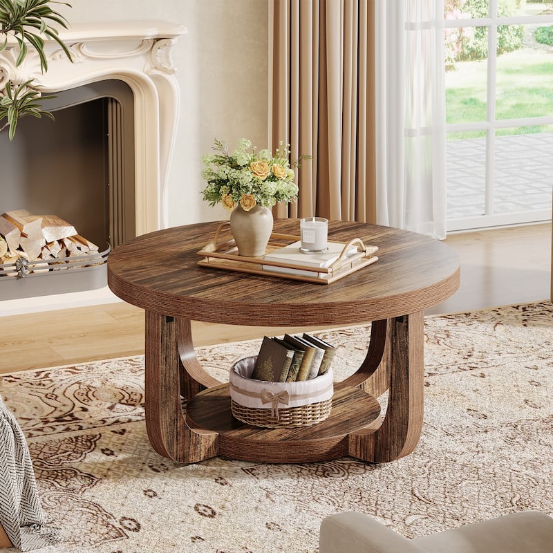 Round Coffee Table, 2-Tier Circle Coffee Table with Storage for Living Room - Large