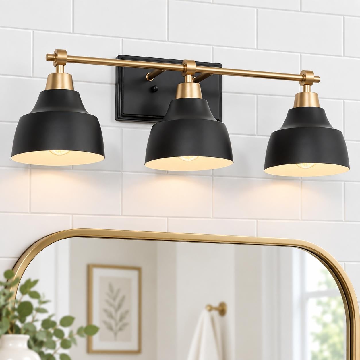 LALUZ Modern Farmhouse Black Gold 3-Light Bathroom Vanity Light Dimmable Wall Sconce