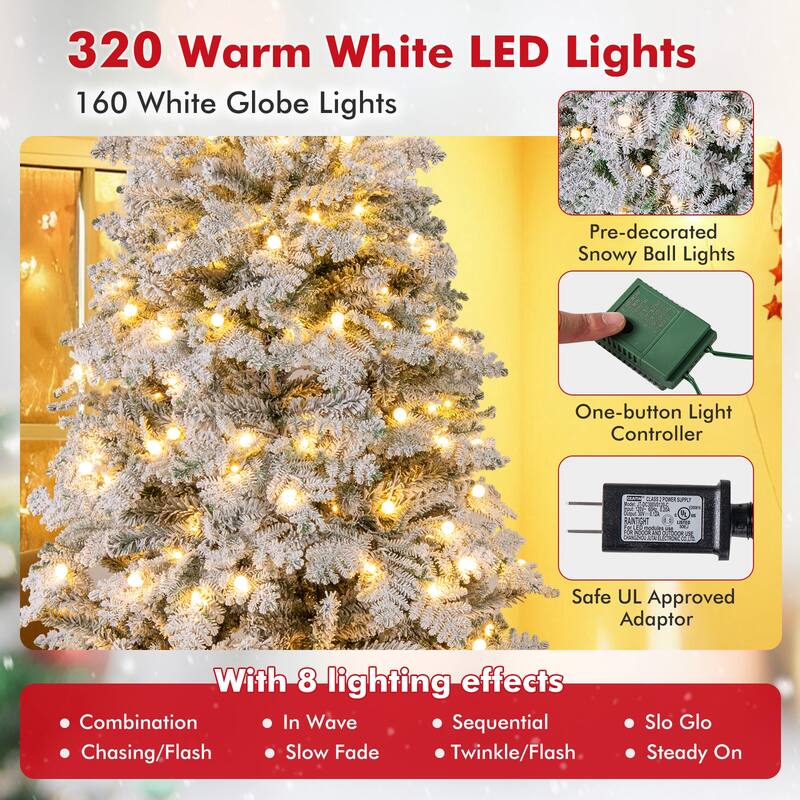 Gymax Pre-Lit Artificial Christmas Tree Hinged Snow Flocked Xmas Tree