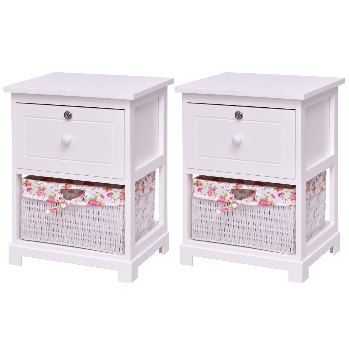2 Tiers Wood Nightstand 1 Drawer 1 Basket Bedside End Table Organizer White