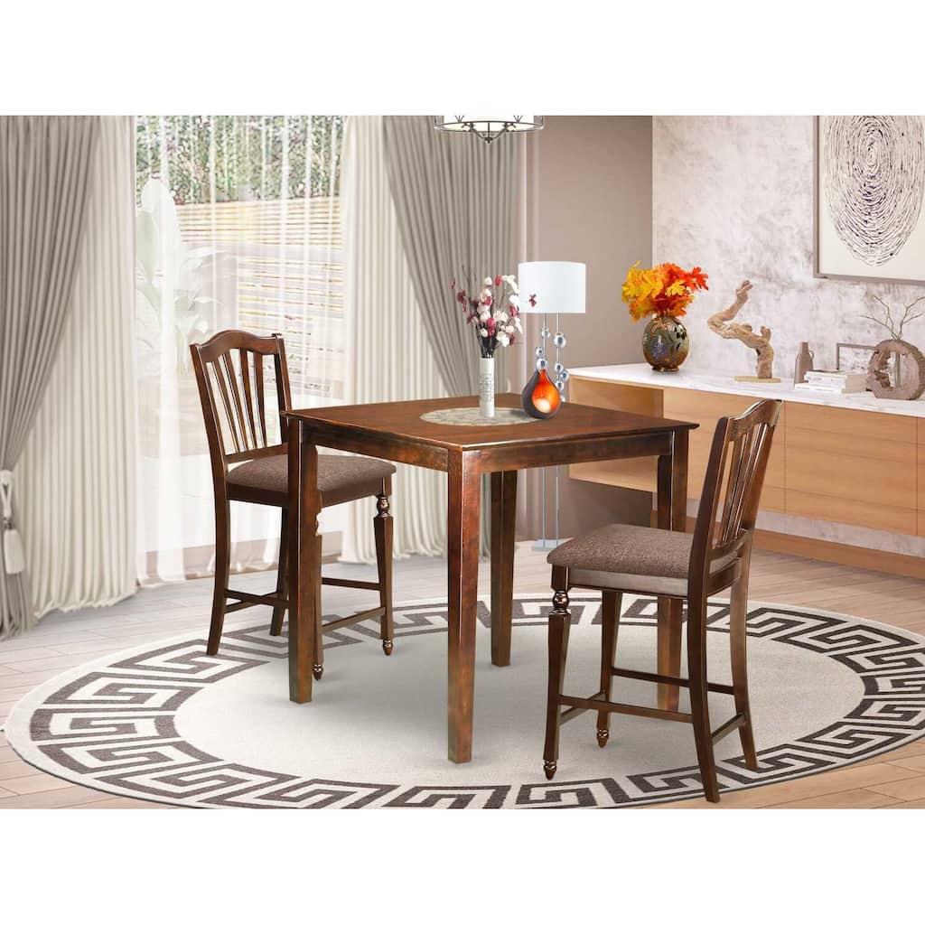 Counter Height Dining Set - 3 Piece Table & Chairs - Linen Upholstered Pub Table - 36x36 Inch Mahogany