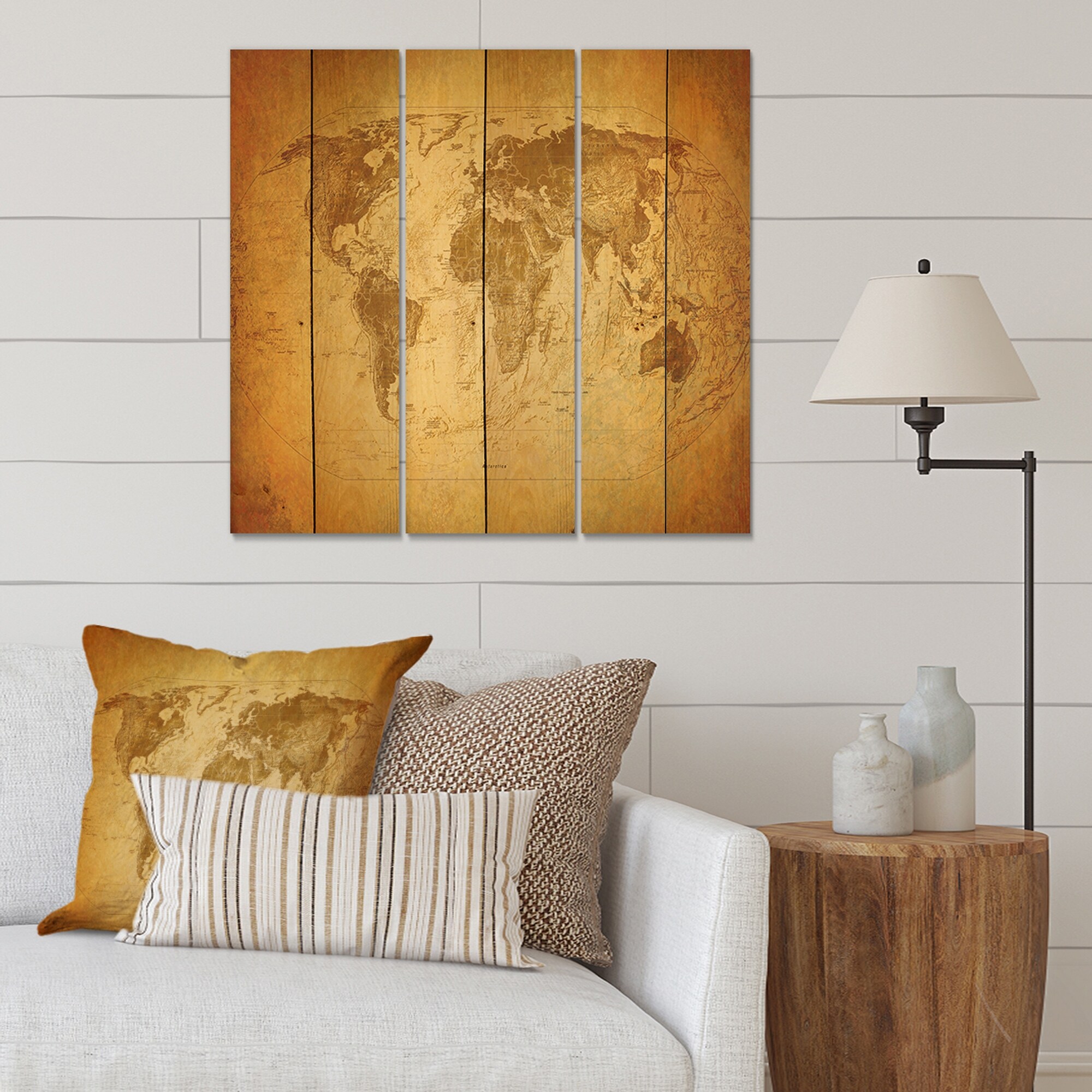 Designart 'Ancient Map of The World X' Vintage Print on Natural Pine Wood - 3-image