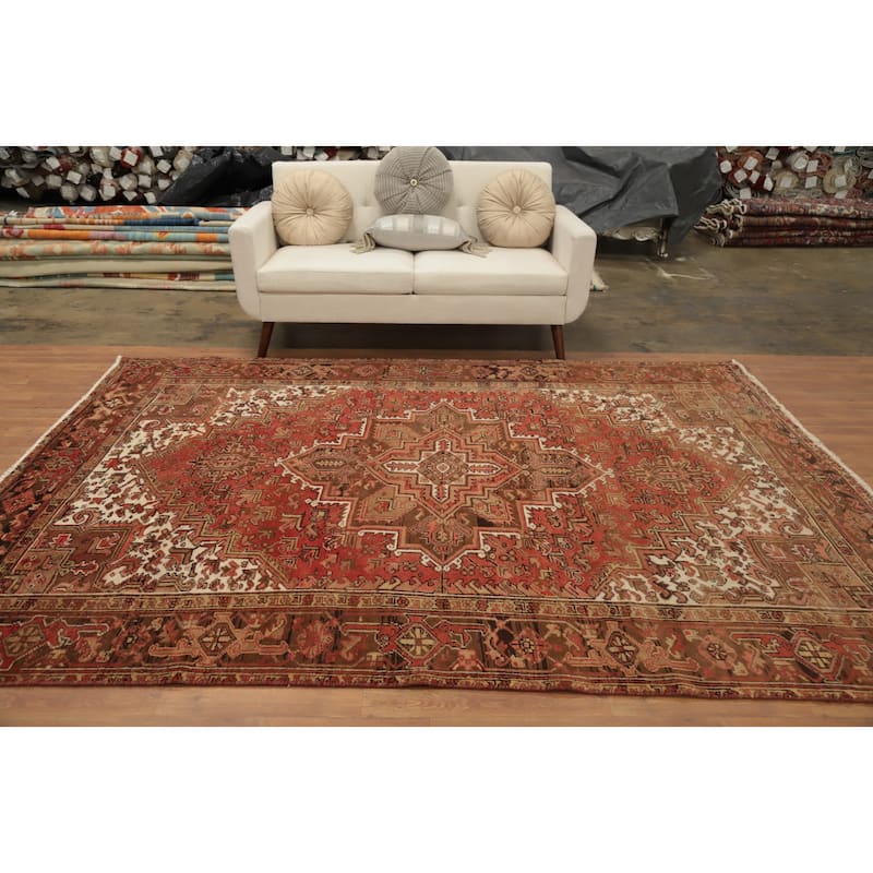 Hand Knotted Oriental 100% Wool Carpet Traditional Medallion Oranges & Rust Heriz Area Rug - 9' 7'' X 6' 11''