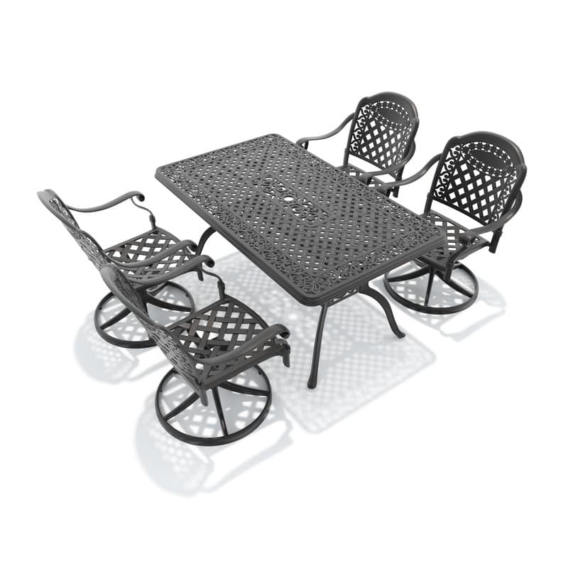 5-Piece Aluminum Rectangular Outdoor Patio Dining Set, 4 Cushioned Swivel Chairs, Table, All-Weather Frames
