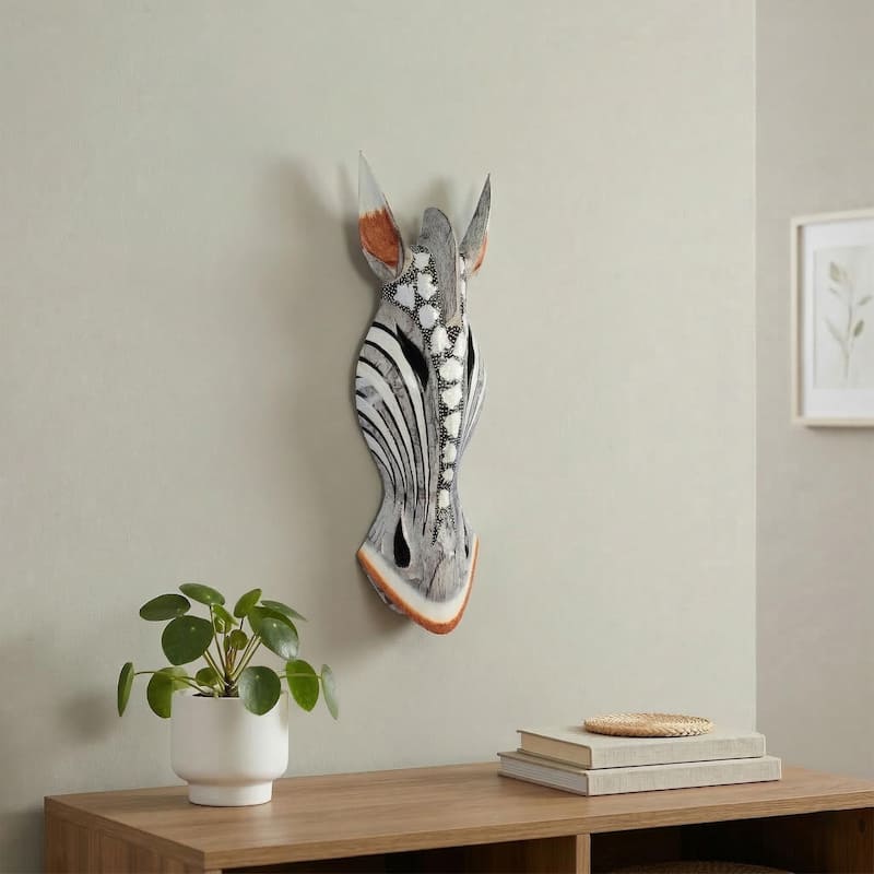 Wooden Tribal African Giraffe Mask Hand Carved Wall Plaque Hanging Decor Sculpture Decoration Handmade Handcrafted Pearl Motif