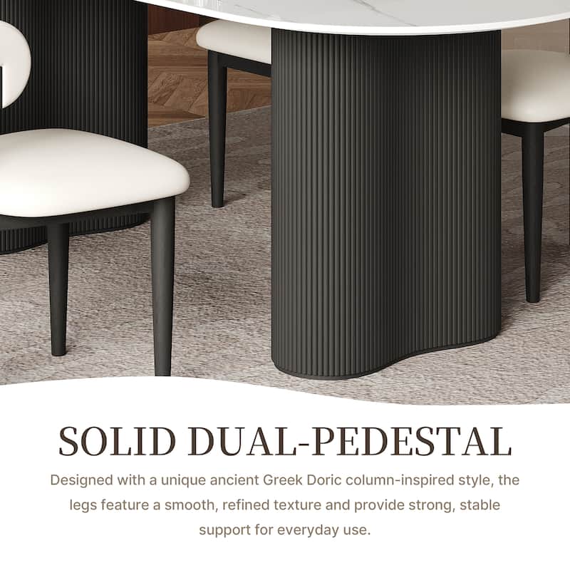 71" Glossy White Sintered Stone Dining Table, Double Round Legs, Oval Kitchen Table for 6 Persons