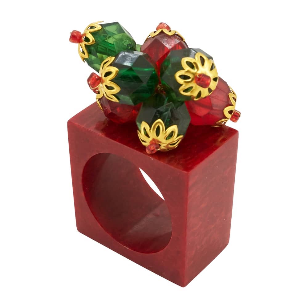 Holly Jolly Square Beaded Napkin Ring (Set of 4) - Red