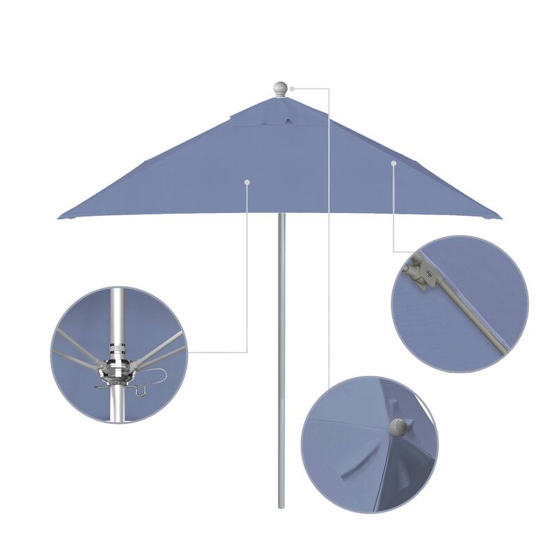 California Umbrella 6' Sq. Aluminum Frame, Fiberglass Rib Patio Umbrella, Push Open, Anodized Sliver Finish, Sunbrella Fabric