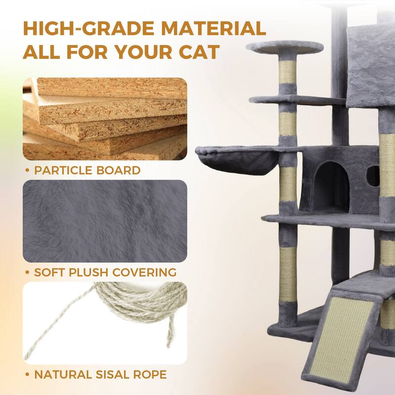 84.6 in Cat Tree Tower with Wide Base, 3 Large Hinding Condo, 11 Sisal Scratching Post, Sisal Scratching Ladder, 2 Hammocks