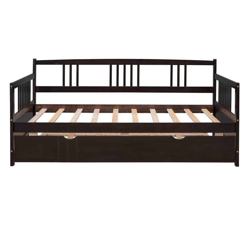 Twin Size Wood Daybed with Trundle, Espresso Finish, Space-Saving Design