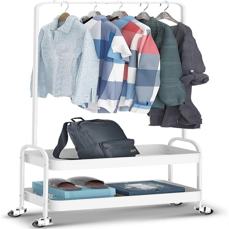 Clothing Rack with 2 Tier Metal Basket, - 12.2"D x 20.6"W x 60.2"H - White