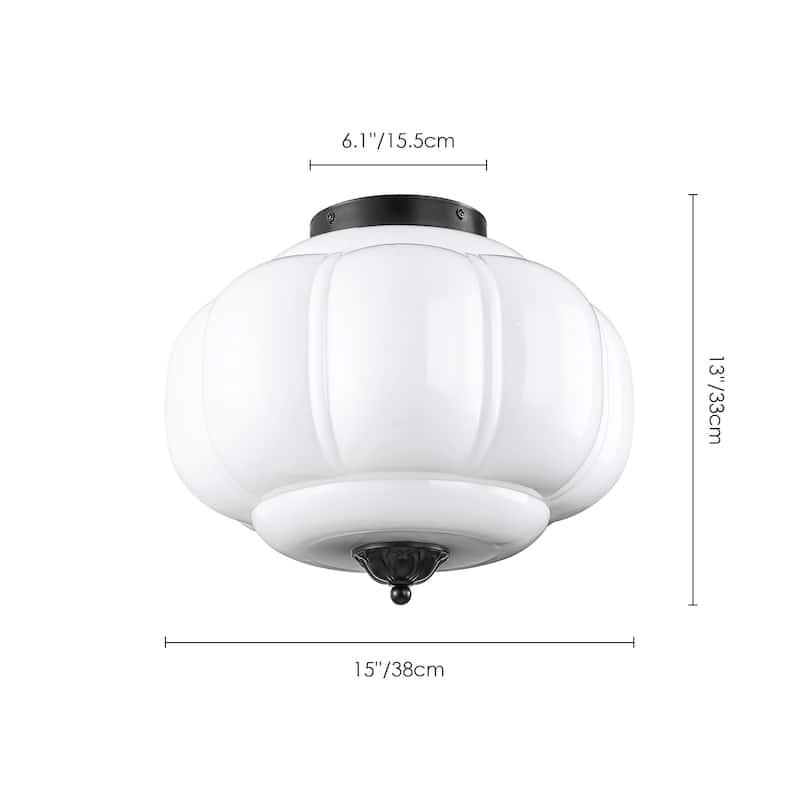 3-Light Transitional Metal & Glass Flush Mount with Charming Pumpkin Milk Glass Shade for Living Room - 15 in. W x 13 in. H