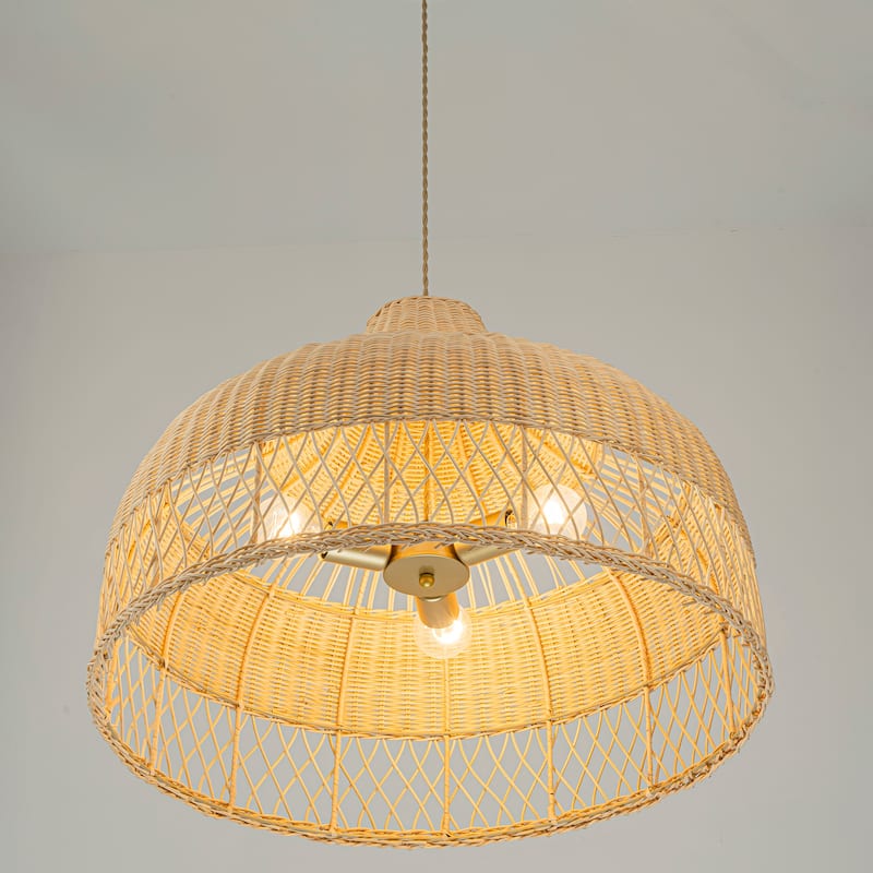 Lumara 3-Light Rattan Large Dome Pendant, Coastal Boho - Handwoven - 24" Wide