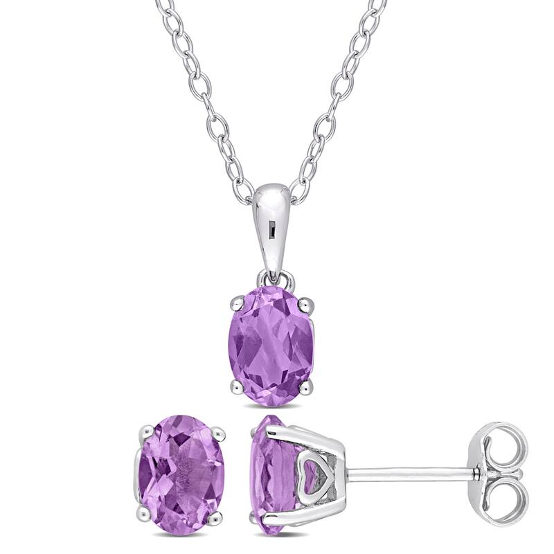 Miadora 2 1/10ct TGW Oval Amethyst Solitaire Necklace and Stud Earrings Set in Sterling Silver