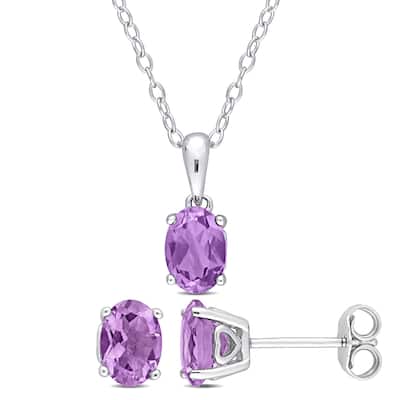 Miadora 2 1/10ct TGW Oval Amethyst Solitaire Necklace and Stud Earrings Set in Sterling Silver