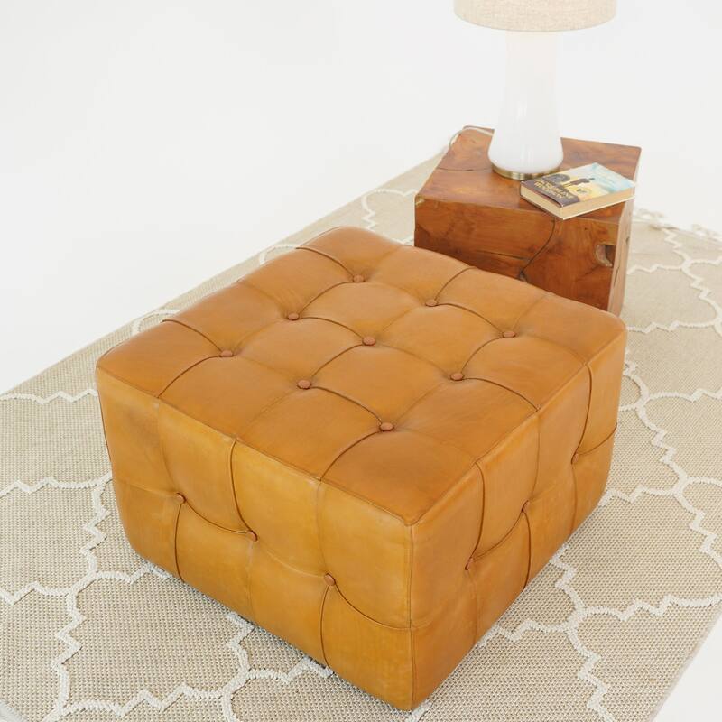 GDF Studio - Benjiro Modern Square 18" Genuine Leather Tufted Ottoman Coffee Table Bench