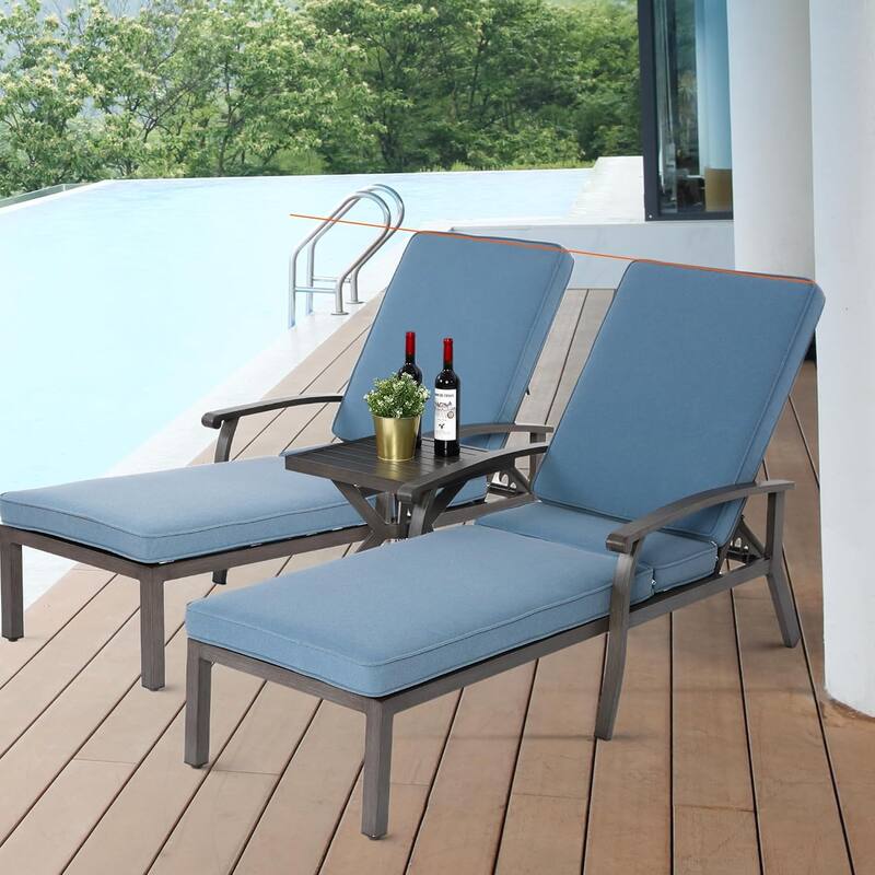 3-Piece Outdoor Aluminum Reclining Chaise Lounge (set of 2)with Table and Cushions