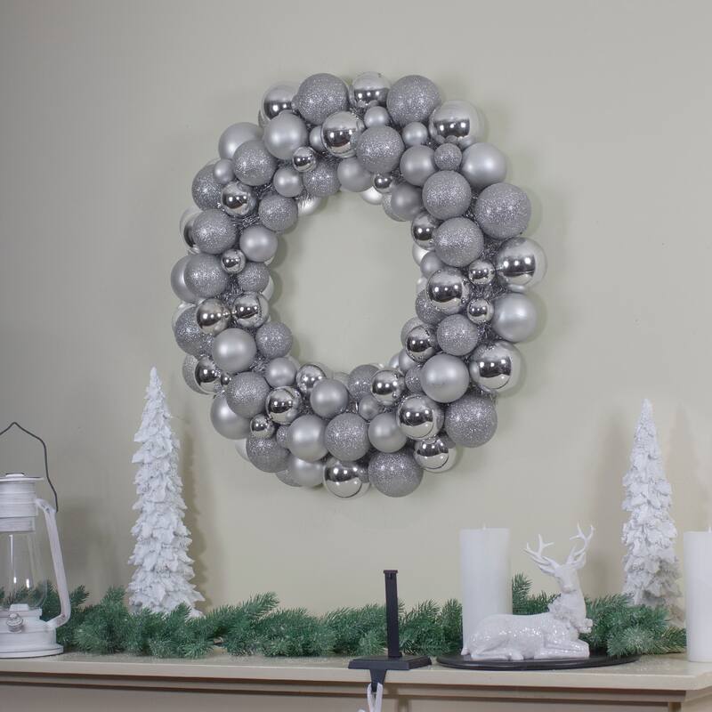 Silver Splendor 3-Finish Shatterproof Ball Christmas Wreath 24-Inch