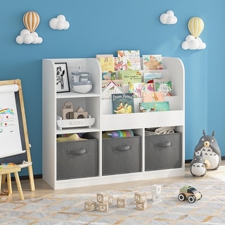 Kids Bookcase and Bookshelf with 3 Collapsible Fabric Drawers, Bookcase Display Stand for Bedroom, Playroom, Hallway, White