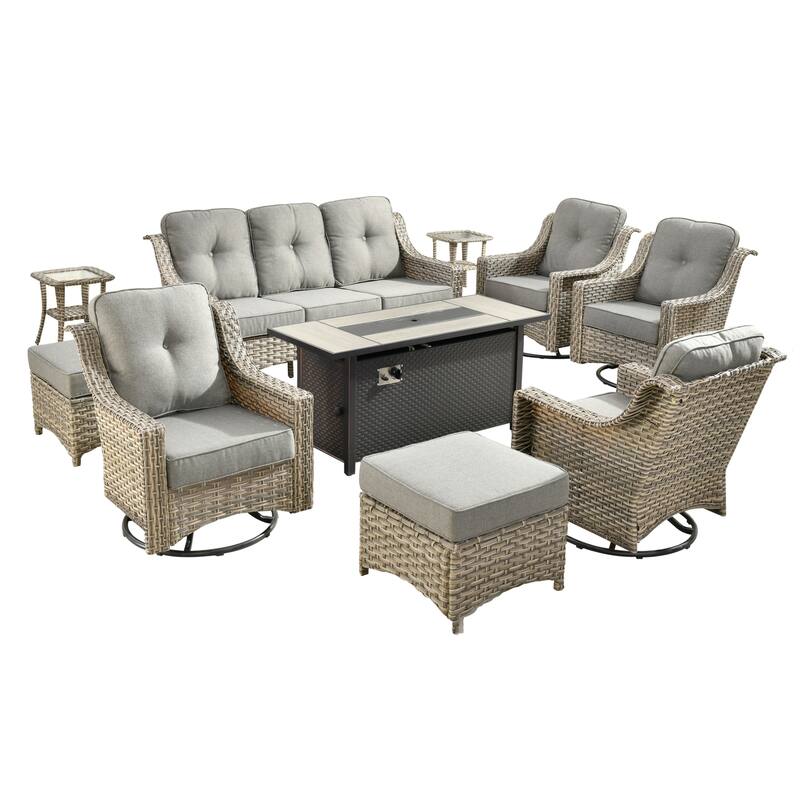 HOOOWOOO 10-piece Wicker Outdoor Patio High Back Swivel Chair Set with Fire Pit