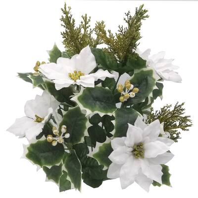 Artificial Winter Frost Seasonal Mixed Bush Holiday Decoration Arrangement, White, Gold,