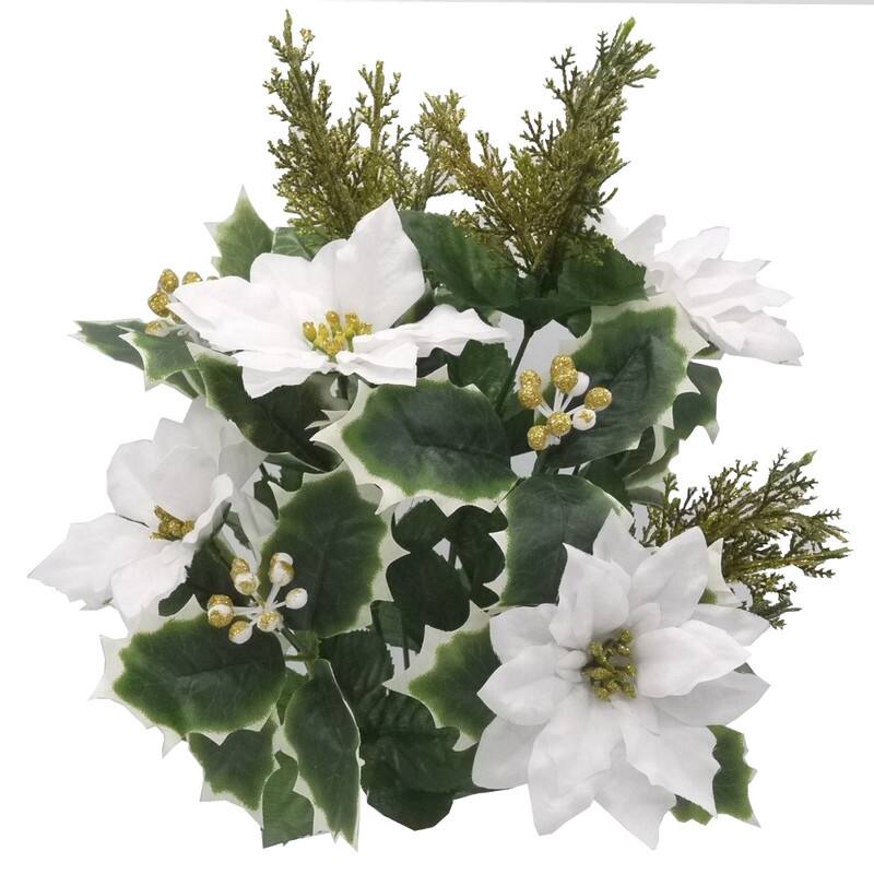 Artificial Winter Frost Seasonal Mixed Bush Holiday Decoration Arrangement, White, Gold,