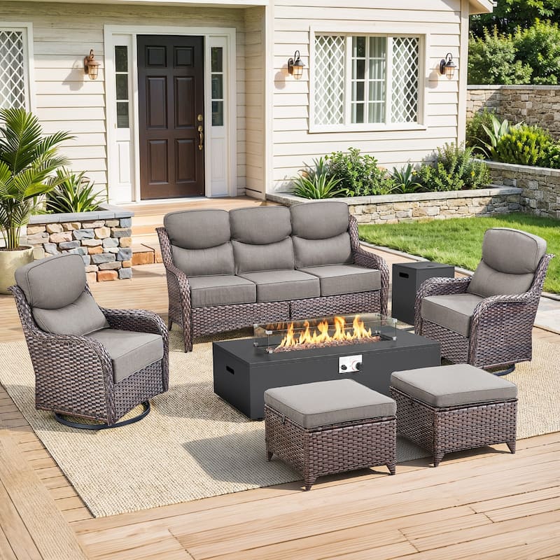 Pocassy 43" Fire Pit w/ Outdoor Sofa Swivel Chair Ottoman Set - Brown Wicker Gray Cushion - 6PCS Fire Table w/ 6-In Sofa Swivel Chair Ottoman