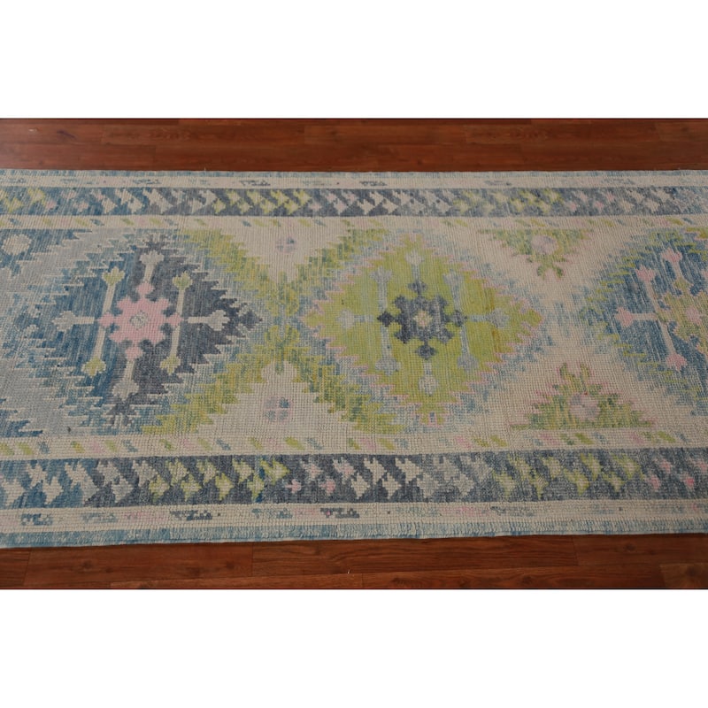 Hand Knotted Oriental 100% Wool Carpet Transitional Geometric Navy Blue & Blues Oushak Runner Rug - 13' 1'' X 3' 4''