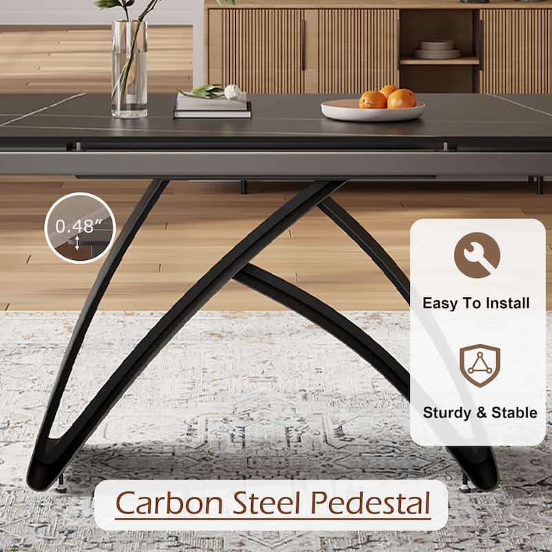 63-95"Extendable Modern Dining Table for 6-10, Black Sintered Stone Tabletop