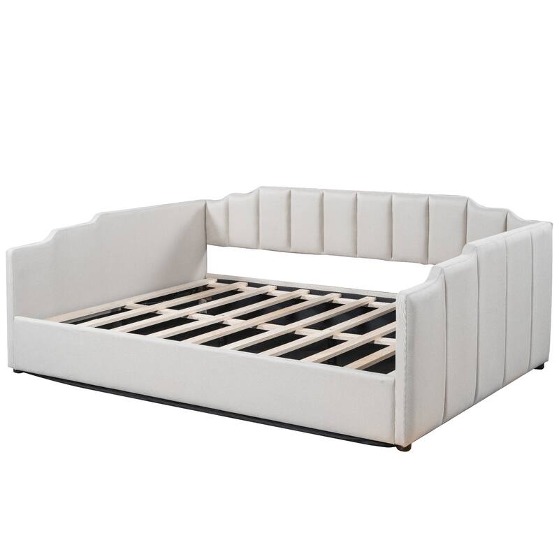Full Size Platform Bed Frame, Linen Upholstered Daybed with Underneath Storage and Wood Slat Support for Bedroom