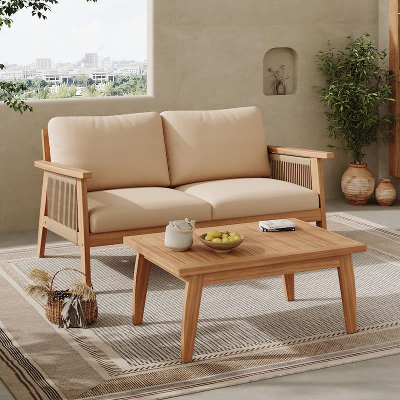 Outdoor 2 Piece Acacia Wood Patio Chat Set with Rope Weave Design