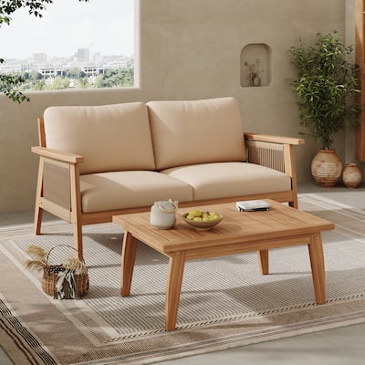 Outdoor 2-Piece Acacia Wood and Rope Patio Chat Set, Water-Repellent Cushions