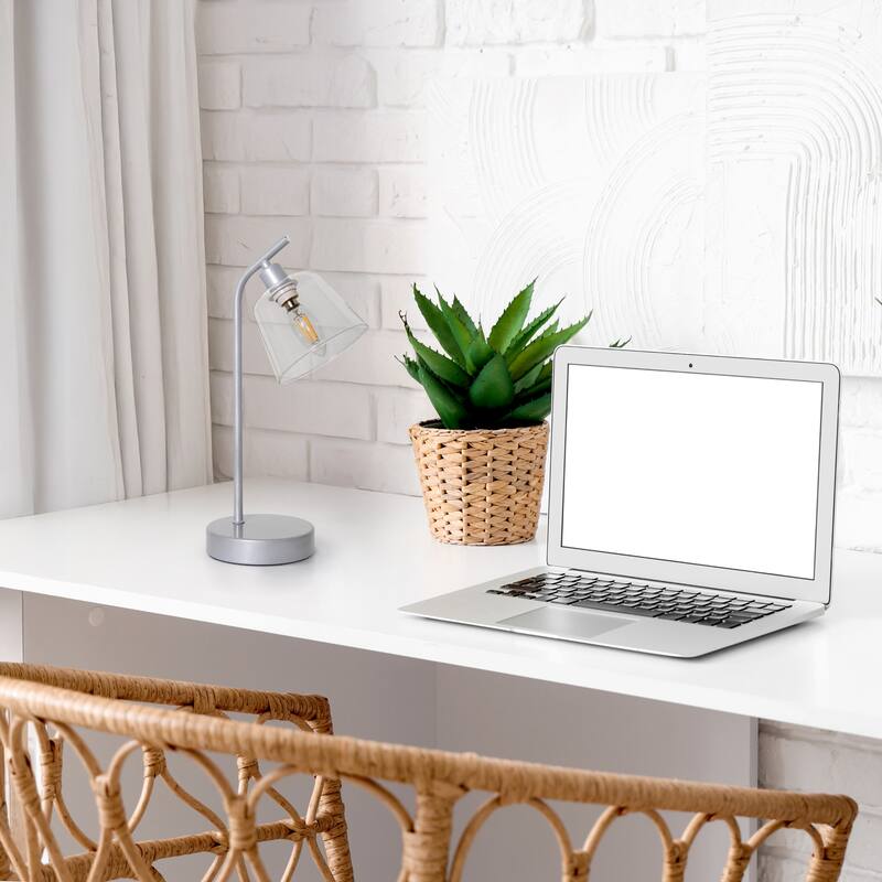 Angled Desk Lamp with Clear Ribbed Glass Shade - 15.75" - Silver