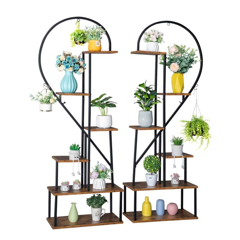 6 Layers Half Heart Iron Wood Plant Stand Flower Pot Stand