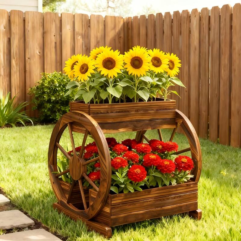 Rossetta 3-Tier Farmhouse Vintage Wooden Wagon Raised Garden Bed with Self-Draining Planter Boxes