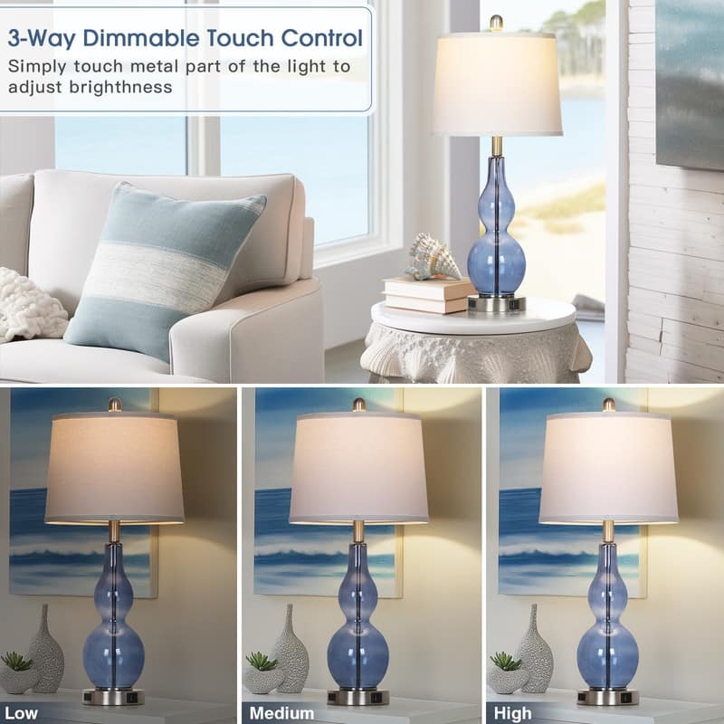 27.5'' Blue Glass Table Lamps with USB-C, USB-A & AC Outlet, Touch Control, Modern Bedside Lamps(Set of 2)