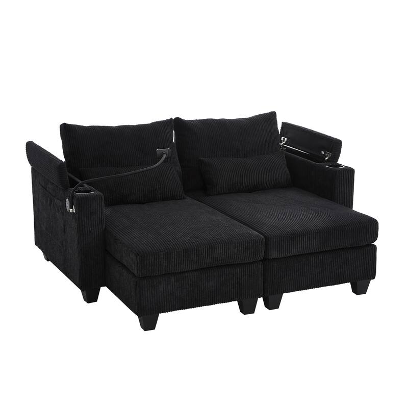 63" Convertible Corduroy Sofa Bed with USB Ports, Storage & Lumbar Pillows, Black