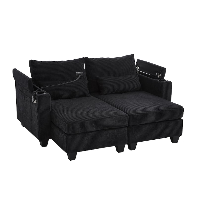 Convertible Chaise Lounge Loveseat with USB Ports, Cup Holders, Storage & Phone Mount
