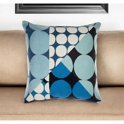 HomeRoots 20" Blue and Ivory Geometric Cotton Throw Pillow With Embroidery