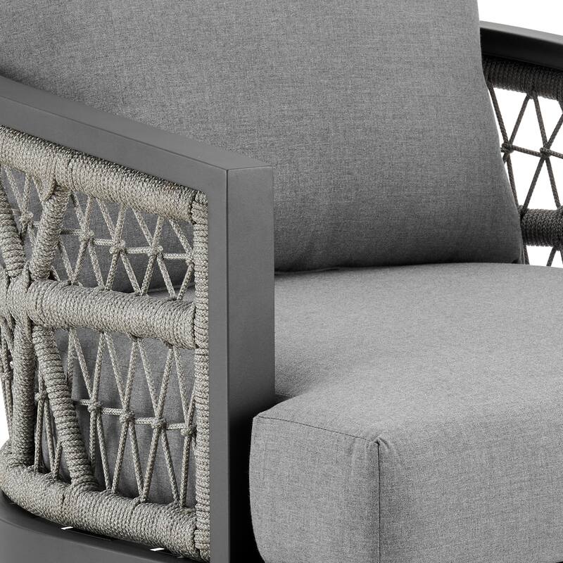 Zella Outdoor Patio Armchair in Aluminum with Light Gray Rope and Earl Gray Cushions