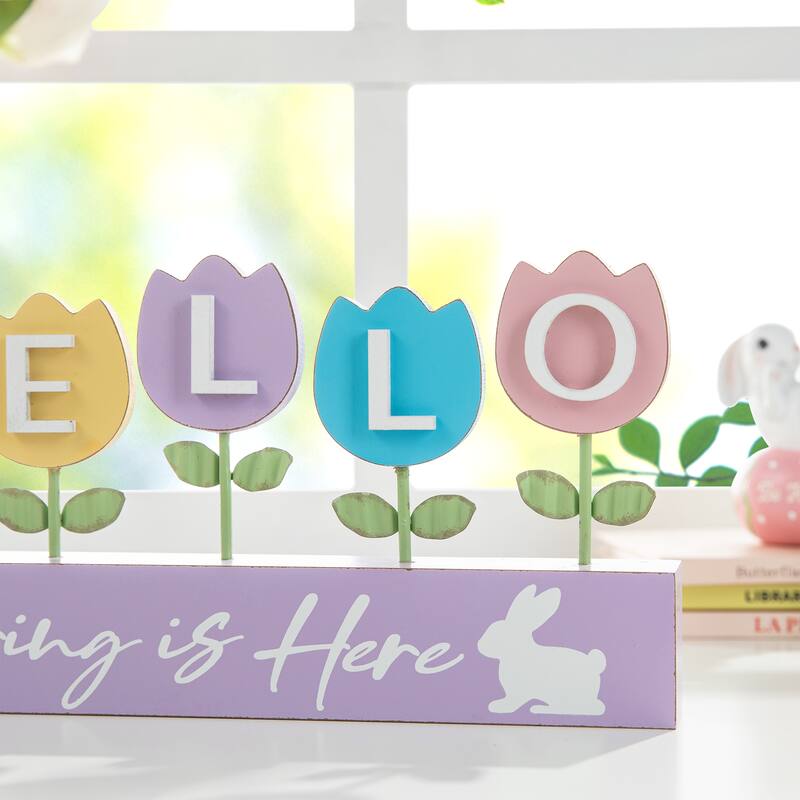 Glitzhome Easter Wooden/Metal Tulips/Bunny Family Spring Theme Table Decor