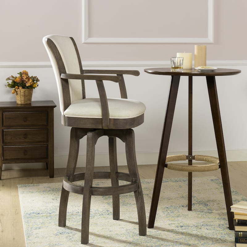 Williams Swivel Upholstered Bar Stool - Counter or Bar Height - 27 or 31 Inch - Solid Oak Wood Frame - Minimal Assembly - Single - Natural White Linen - Bar Height