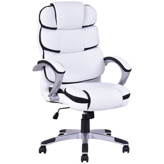 Ergonomic High Back Executive Office Chair - White Ribbed PU Leather, Modern Style