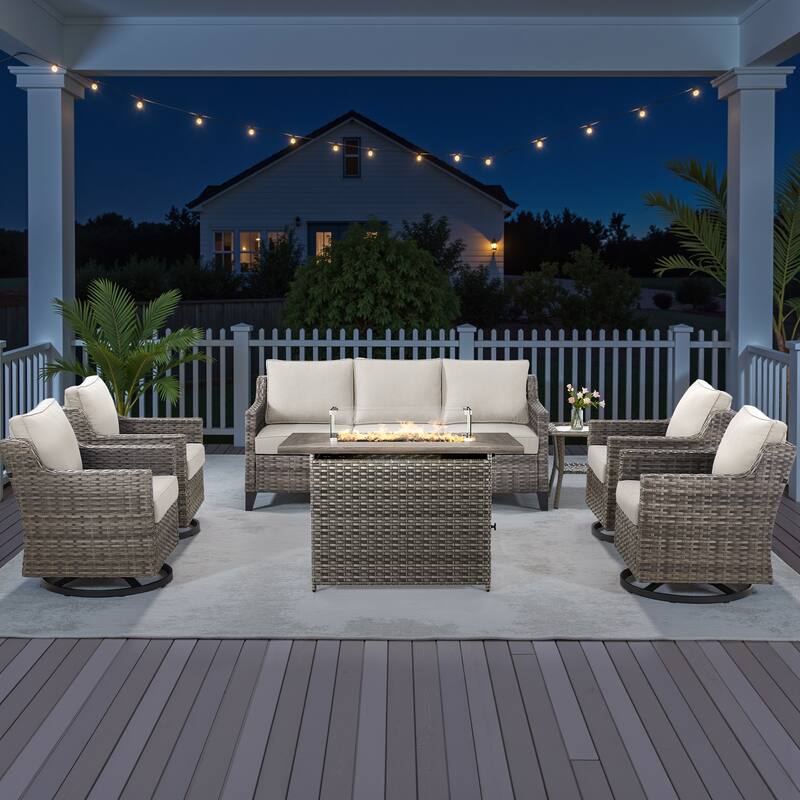 Pocassy Outdoor Swivel Chair with Sofa with Fire Pit Table - Beige Cushion Gray Wicker - 7-Piece Fire Pit Table w/ Sofa Swivel Chair