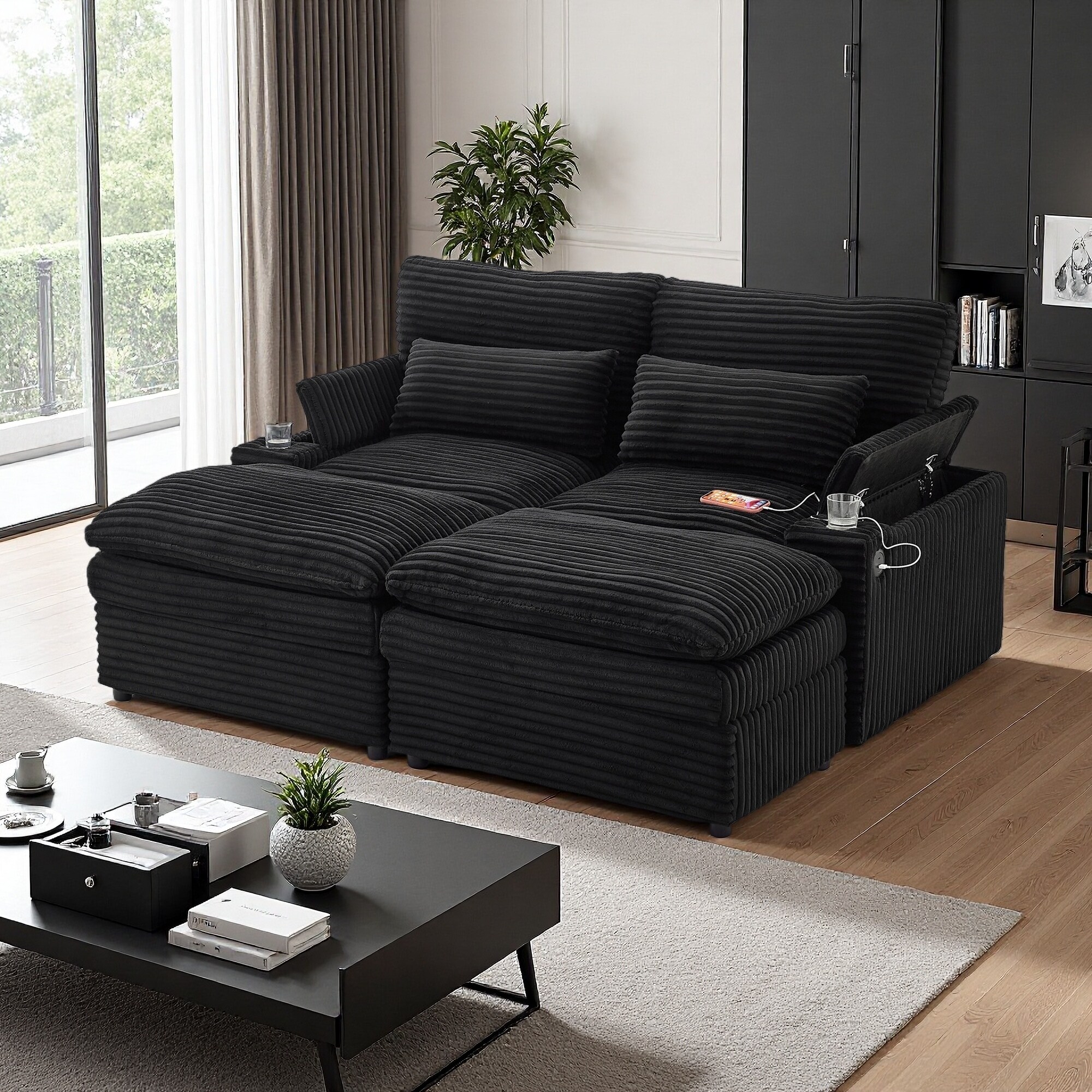 70.9" Corduroy Convertible 4-Seat Sofa Bed with Storage, Ottomans, USB Ports and Cup Holders